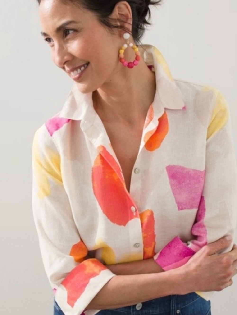 Chico's Womens Cream 100% Linen No Iron  Confetti Print Button Up Shirt. Sz 3/XL